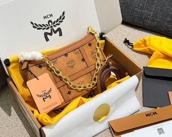 MCM Cognac Visetos Schultertasche, Designer Mini Kette Handtasche, Luxus Monogramm Geldbörse