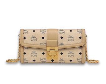 MCM Beige Visetos Kette Brieftasche Tasche, Designer Monogramm Clutch Crossbody, Luxus Mini Schulter Geldbörse