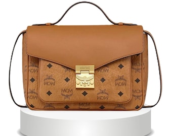 MCM Visetos Cognac Messenger Tasche | Gold Hardware Crossbody Satchel