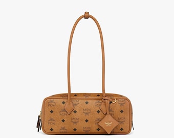 MCM Cognac Visetos Schultertasche, Designer Monogramm Baguette Geldbörse, Luxus Lederhandtasche für Damen