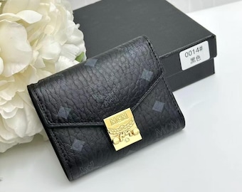 MCM Cognac & Schwarz Visetos Brieftasche, Designer Kartenhalter aus Leder
