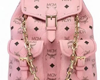 MCM Pink Visetos Rucksack, Designer Monogramm Mini Rucksack, Luxus Leder Reisetasche