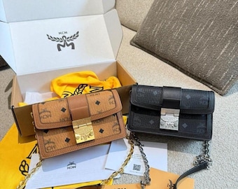 MCM Visetos Kette Umhängetasche, Designer Mini Monogramm Schultertasche, Schwarz & Cognac