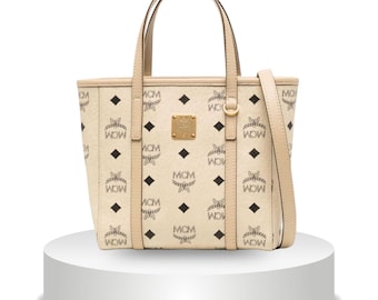 MCM Beige Visetos Monogram Einkaufstasche, kleine Designer Schulter Handtasche