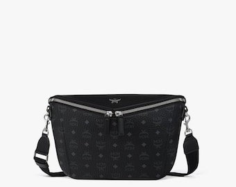 MCM Schwarze Visetos Umhängetasche, Designer Monogramm Schultertasche, Luxus Leder Messenger Geldbörse