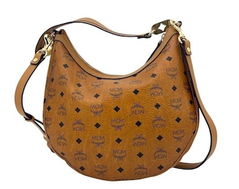 MCM Monogram Hobo Bag Cognac Braun | Visetos Crescent Schultertasche Gold Hardware