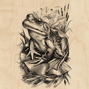 May include: A black and white wood engraving featuring a detailed frog sitting on a large lily pad. The scene includes a blooming water lily flower and tall cattails in the background, all rendered with fine lines on a light wood surface.