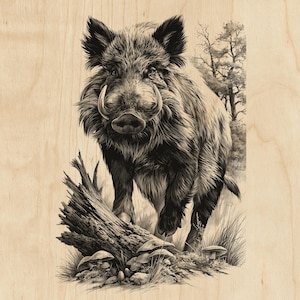 May include: A black and white illustration of a wild boar standing near a fallen tree trunk. The boar has prominent tusks and thick fur. The scene includes small mushrooms growing at the base of the log and a forest background with trees.