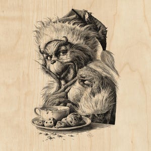 May include: A detailed black and white wood-engraved illustration of a furry creature wearing a Santa hat, looking directly forward with a smirk. The creature is positioned behind a small plate holding a cup and several round chocolate chip cookies.