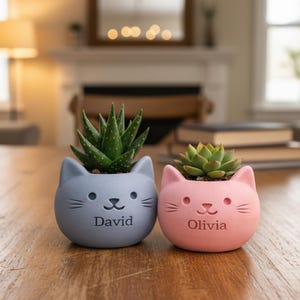 Op de afbeelding: Twee katvormige bloempotten, één lichtblauw en één roze, elk met een vetplant. Op de lichtblauwe pot staat de naam "David", en op de roze pot staat de naam "Olivia". De potten staan op een houten tafel.