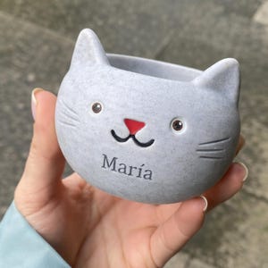 Peut inclure: Un pot de fleur en céramique gris en forme de chat, avec un nez rouge, des moustaches noires et le nom "María" imprimé sur le devant. Le pot a deux petits yeux ronds et est tenu dans une main.