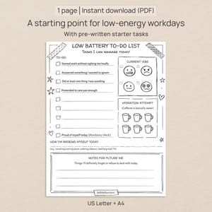 Low Battery To-Do List Printable, Pre-Written Workday Checklist, Funny Office Planner, ADHD Printable