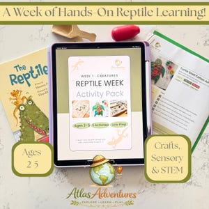 May include: A tablet displaying a Reptile Week activity pack, surrounded by a book titled The Reptile, a printed instruction sheet for turtle shell cotton art, a wooden scoop, and a red dropper, all centred under the text A Week of Hands-On Reptile Learning.