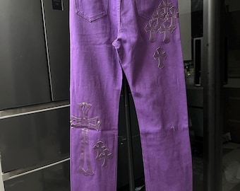 Violet Reign Denim — Handcrafted Royal Edition with Deep Ebony Cross Appliqués