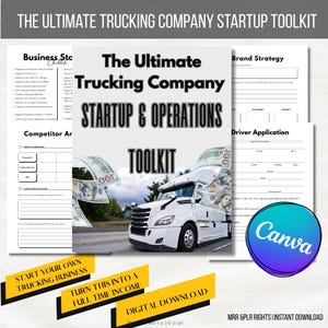 May include: The Ultimate Trucking Company Startup & Operations Toolkit. The cover features a white semi-truck with money graphics. Includes business forms, a driver application, and brand strategy templates. The toolkit is a digital download.