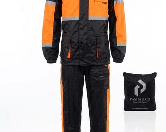 Men's Rain Suit Waterproof Motorbike rain Jacket/Pants Black/neon Orange Suit with Bag