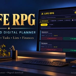 May include: A computer monitor displays the Life RPG gamified digital planner interface in Ukrainian. The screen shows workout tracking with push-ups and squats. Text on the left reads Life RPG Gamified Digital Planner Workouts Tasks Lists Finances.