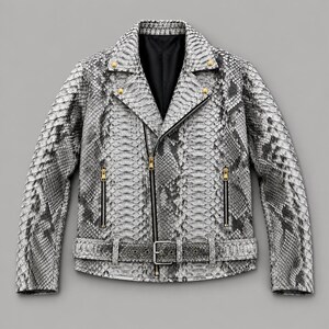 Peut inclure: Une veste de moto avec un motif peau de serpent gris et noir. La veste comprend une doublure intérieure noire, des fermetures éclair en métal doré sur le devant et les poches, des boutons-pression dorés sur les revers et une ceinture assortie.