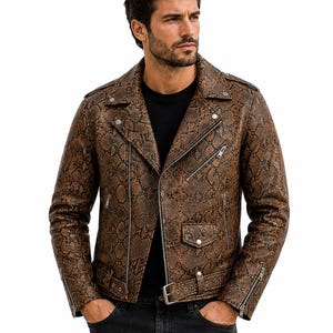 Chaqueta de motociclista de cuero marrón para hombre – Chaqueta de motociclista con estampado de pitón y cinturón.