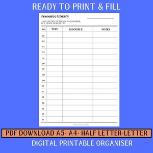 May include: A white printable resource library organizer with a blue background. The organizer includes sections for number, type, resource, and notes. Text at the top reads "READY TO PRINT & FILL" and "resource library". The bottom text says "PDF DOWNLOAD A5- A4- HALF LETTER-LETTER DIGITAL PRINTABLE ORGANISER".