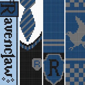 May include: A pixel art design in blue, black, and grey, featuring the word "Ravenclaw", a tie, a shield with an "R", and a bird. The design is reminiscent of a retro video game aesthetic, with a blocky, pixelated style.