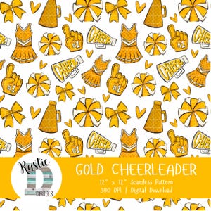 Motivo senza soluzione di continuità Gold Cheer PNG, carta digitale per cheerleader, motivo fiocco da cheerleader, stampa pompon, sfondo spirito scolastico, download immediato