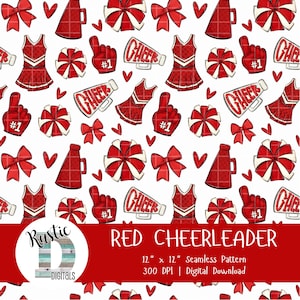 Nahtloses rotes Cheerleader-Muster (PNG), digitales Cheerleader-Papier, Schleifenmuster, Pompon-Print, Hintergrund mit Schulmotiven, Sofort-Download