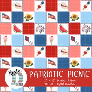 Patriotic Picnic Seamless Pattern, 4th of July Americana Digital Paper, Summer BBQ Patchwork Background