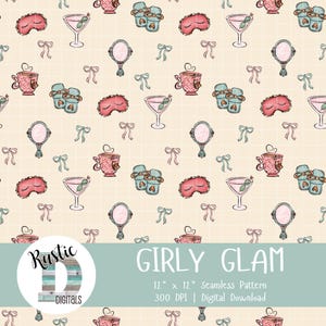 Könnte beinhalten: Ein sich wiederholendes Muster mit Illustrationen von rosa Schlafmasken, Martinigläsern, Teetassen, Handspiegeln und Hausschuhen. Das Design enthält Schleifen auf beigefarbenem Hintergrund. Der Text "GIRLY GLAM" wird angezeigt.