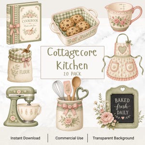 Pode incluir: Uma coleção de ilustrações com tema de cozinha, incluindo um livro de receitas, um prato de assar com biscoitos, um copo medidor, um saco de farinha, um avental, uma batedeira, um pote de utensílios e uma lousa Cottagecore Kitchen 20 Pack.