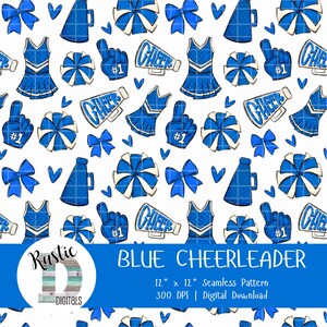 Peut inclure: Un motif répétitif composé d'uniformes de pom-pom girl bleus et blancs, de pompons, de mégaphones avec le texte CHEER, de doigts en mousse numéro un et de nœuds sur fond blanc. Un logo circulaire affiche Rustic Digitals, BLUE CHEERLEADER, 12" x 12" Seamless Pattern, 300 DPI, et Digital Download.
