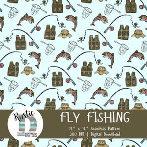 May include: A seamless pattern with fly fishing illustrations. The design includes fishing rods, vests, nets, hats, and leaping fish in green, brown, and pink on a light blue backdrop. The text "FLY FISHING" is also present.