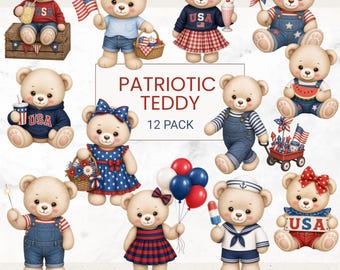 Patriotic Teddy Bear Clipart Bundle – 12 Adorable Americana Bears | 4th of July PNG Collection