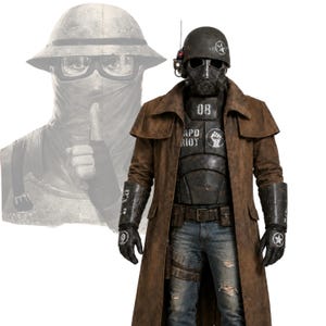 May include: A post-apocalyptic costume featuring a brown distressed duster coat, dark blue distressed jeans, and black tactical armor. The ensemble includes a helmet with a visor, a gas mask, black gloves with star emblems, and chest armor marked with 08 and APD RIOT.