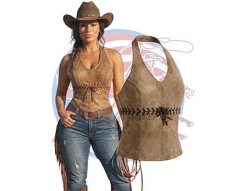 Genuine Suede Leather Western Halter Top - Real Suede Cowgirl Corset with Lace-Up Detail - Handmade Brown Leather Vest - Festival Outfit