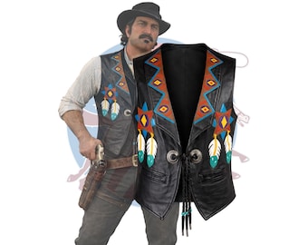 Handgjord läderväst i indianstil - Herrkläder med västerländsk boho- och fjäderbroderi och festivalrodeo