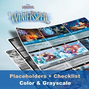 May include: A collection of Disney Lorcana trading cards featuring characters like Winnie the Pooh, Mickey Mouse, and Donald Duck. The cards have colorful illustrations and text, with a grayscale card in the foreground. The title "Winterspeil" is displayed at the top.