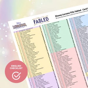 Op de afbeelding: Een checklist voor het Disney Lorcana Trading Card Game, met Fabled-kaarten. De checklist bevat selectievakjes om de kaarten te volgen. De woorden "Fabled" en "English Checklist" zijn zichtbaar.