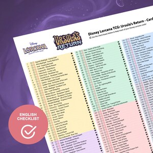 May include: A checklist for the Disney Lorcana Trading Card Game, titled "Ursula's Return." The image features a list of cards with check boxes, a logo, and the text "English Checklist."