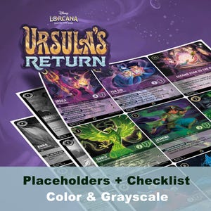 Pode incluir: Imagem promocional para o jogo de cartas colecionáveis Disney Lorcana, "Ursula's Return". A imagem apresenta vários cartões colecionáveis com ilustrações coloridas de personagens e cartões em tons de cinza. O título "Ursula's Return" é exibido em ouro e roxo.