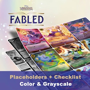 Könnte beinhalten: Eine Sammlung von Disney Lorcana Trading Cards mit farbenfrohen Illustrationen von Charakteren wie Belle, Winnie Puuh und Dschinni. Einige Karten sind in Graustufen. Das Wort "Fabled" ist prominent dargestellt.