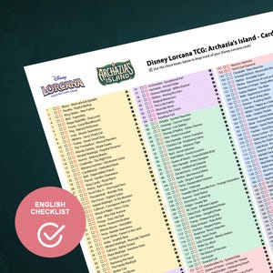 May include: A Disney Lorcana trading card checklist with character names and check boxes. Characters include Rhino, Bolt, and Cinderella. The text "English Checklist" is visible in a pink circle.