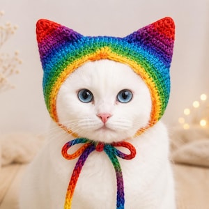 May include: A white cat wearing a hand-crocheted hat featuring pointed cat ears and a vibrant rainbow gradient pattern. The hat includes two long, matching rainbow-coloured braided ties that hang down from the chin, tied in a simple bow.