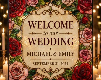 Letrero de bienvenida para bodas con diseño de rosas de jardín en vitral, plantilla editable de Canva, decoración imprimible para bodas en el jardín, descargable.