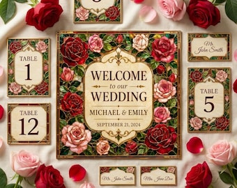Plantilla de cartel de bienvenida para bodas con diseño de rosas bohemias en vidrieras, editable en Canva, decoración para bodas bohemias, descarga instantánea.