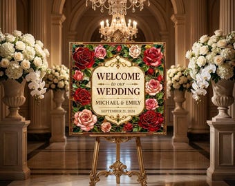 Letrero de bienvenida de boda romántico con diseño de rosas en vitral, plantilla editable de Canva, decoración de boda imprimible, descarga instantánea.