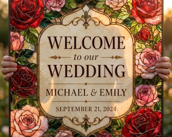 Plantilla de cartel de bienvenida para bodas con diseño de rosas en vidrieras, editable en Canva, cartel de boda imprimible, descarga instantánea.