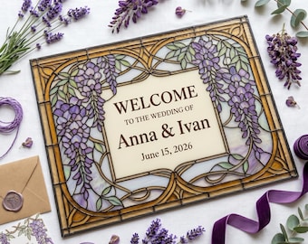 Letrero de bienvenida para bodas con diseño de glicinias en vidrieras, píntalo tú mismo, plantilla floral Art Nouveau, descarga digital en PDF, letrero de decoración para bodas.