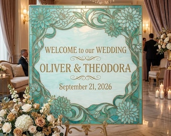 Plantilla de cartel de bienvenida para bodas con diseño de vidrieras estilo Art Nouveau de Dahlia, editable en Canva, decoración floral de lujo en color turquesa para bodas, descarga instantánea.
