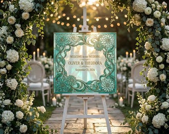 Letrero de boda de vitral de dalia turquesa, plantilla editable de Canva, letrero de bienvenida para boda estilo boho jardín imprimible, decoración de ceremonia DIY descargable